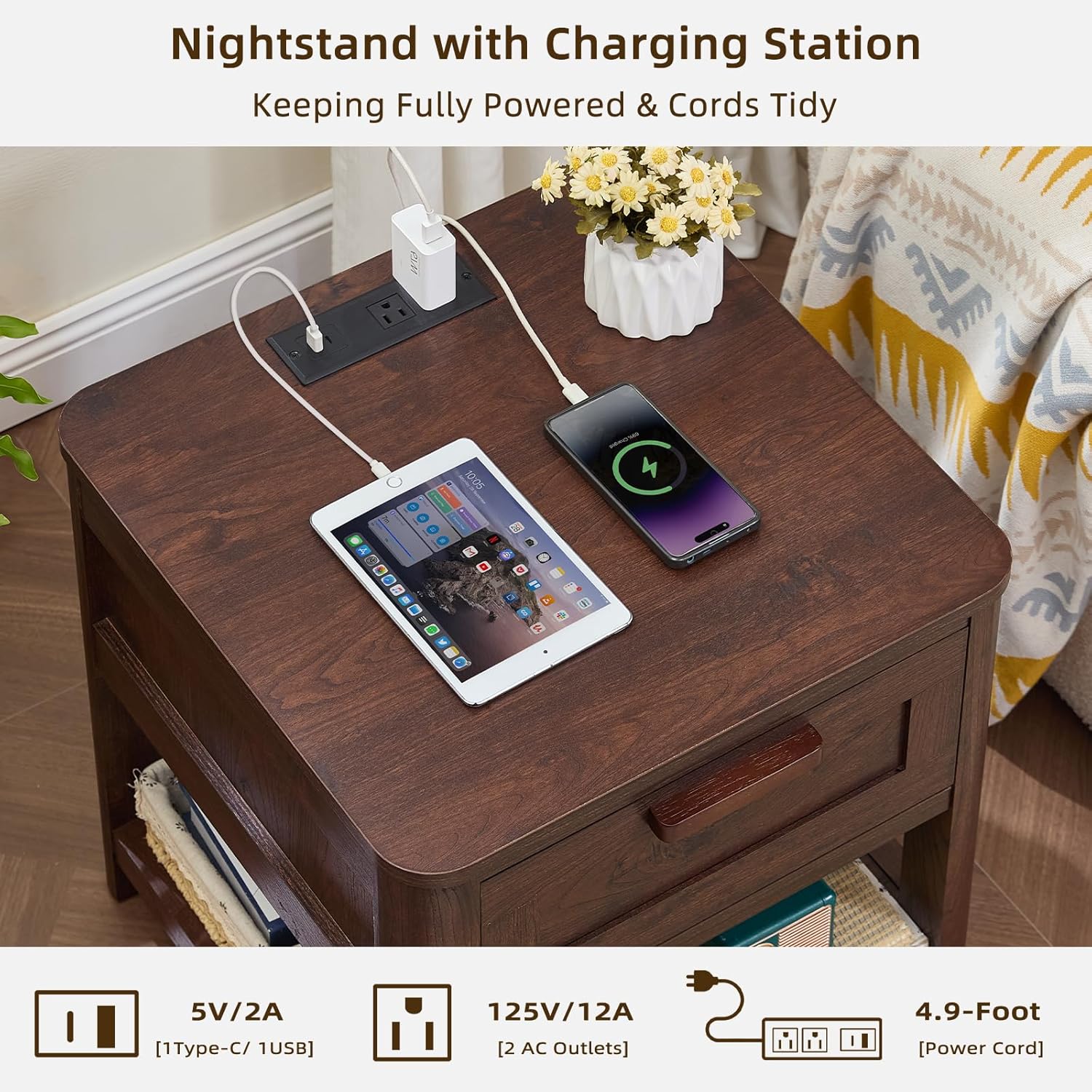Dark walnut nightstand with charging station on top, USB and power outlets on board
