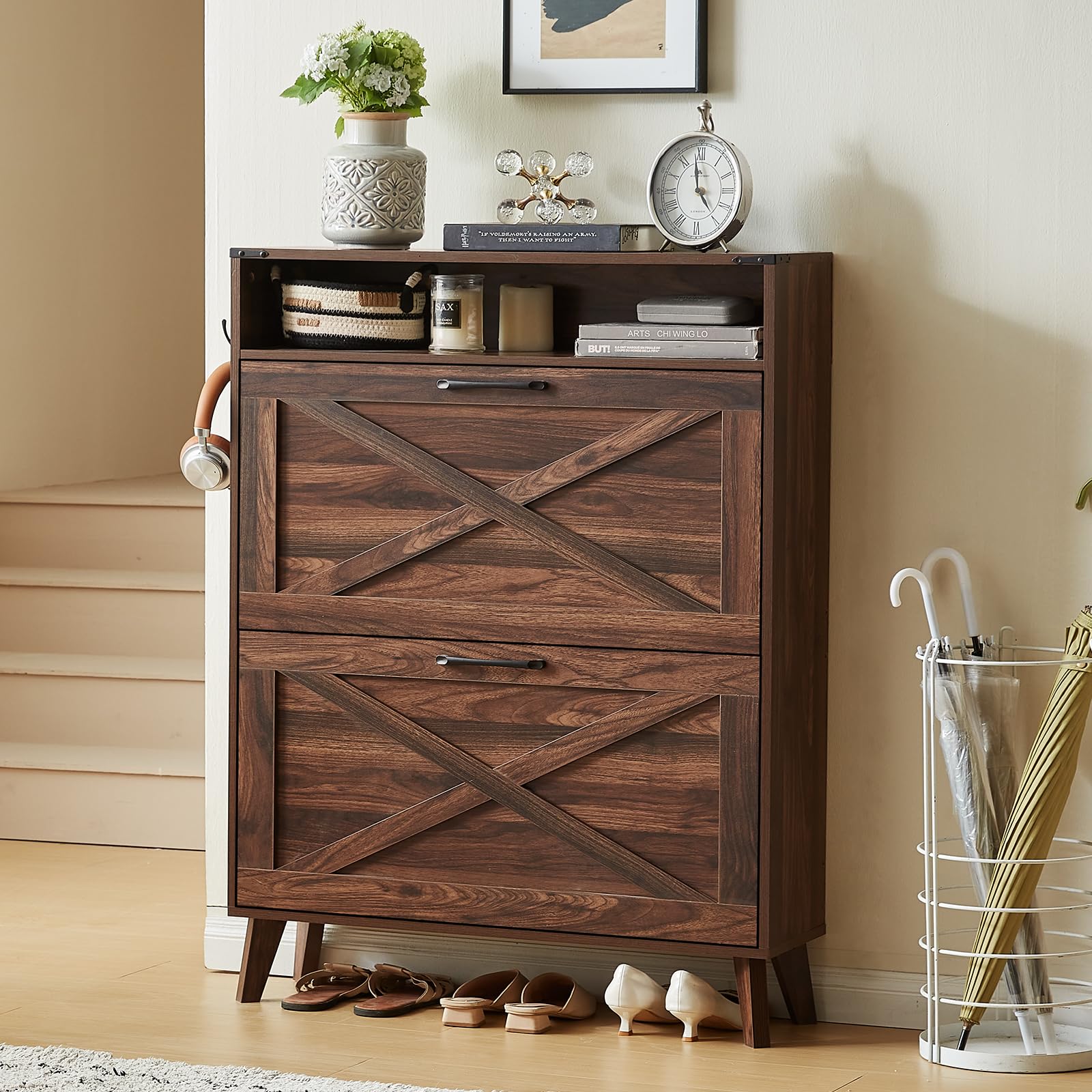 Brown walnut shoe storage cabinet with two flip drawers open, showing interior shelves