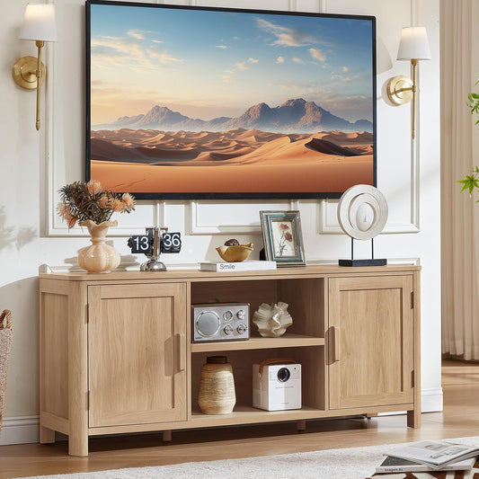 Joaxswe Farmhouse 55" Natural Oak Tv Stand, Tv Consoles for Living Room | Adjustable Shelves Entertainment Center, 2 Door Storage, Rustic Wooden Veneer, Media Console Cabinet Up for 65 inch TVs