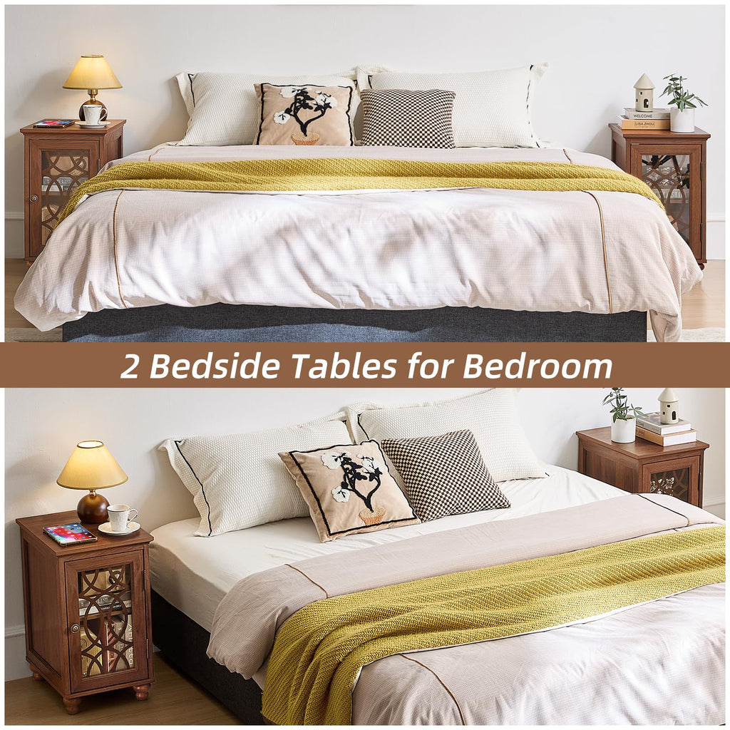 Wooden bedside table with lattice glass door, narrow cabinet for storing small items.