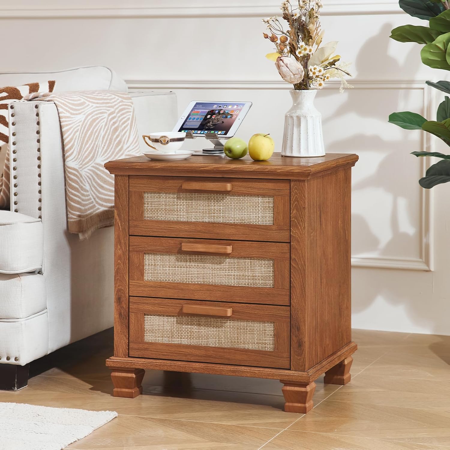 Rattan Nightstand Set of 2 with Drawers, Boho 3 Drawer Dresser, Wood Bedside Tables for Bedroom, Large End Side Tables, Natural Wood