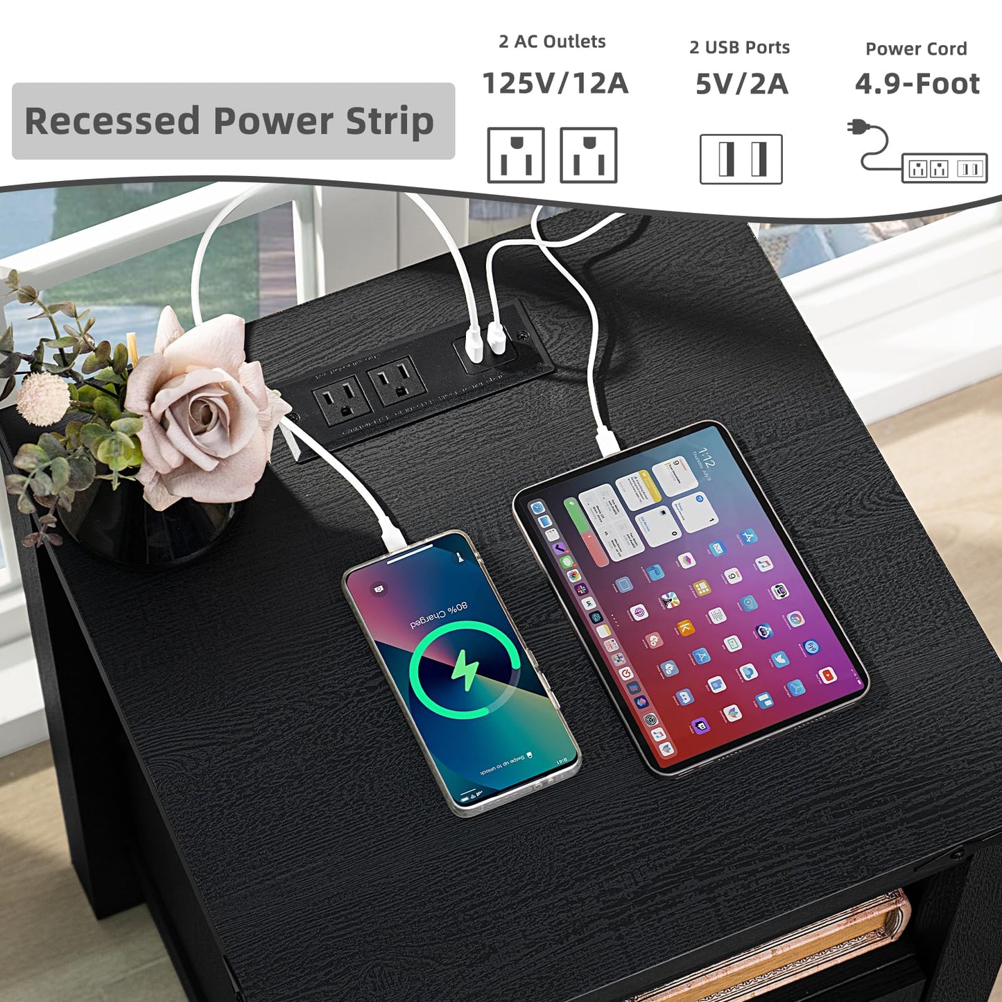 Charging nightstand with recessed power strip, USB ports, and wireless charger