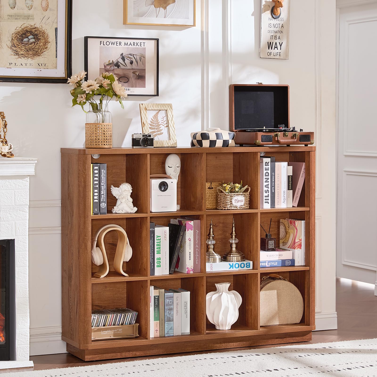 Natural oak horizontal 8-cube book shelf with open cubbies and curved top edge
