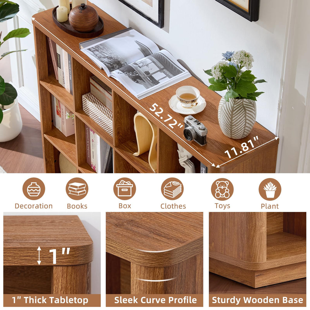 Light oak open cubby bookshelf top with curved edge and thick tabletop profile