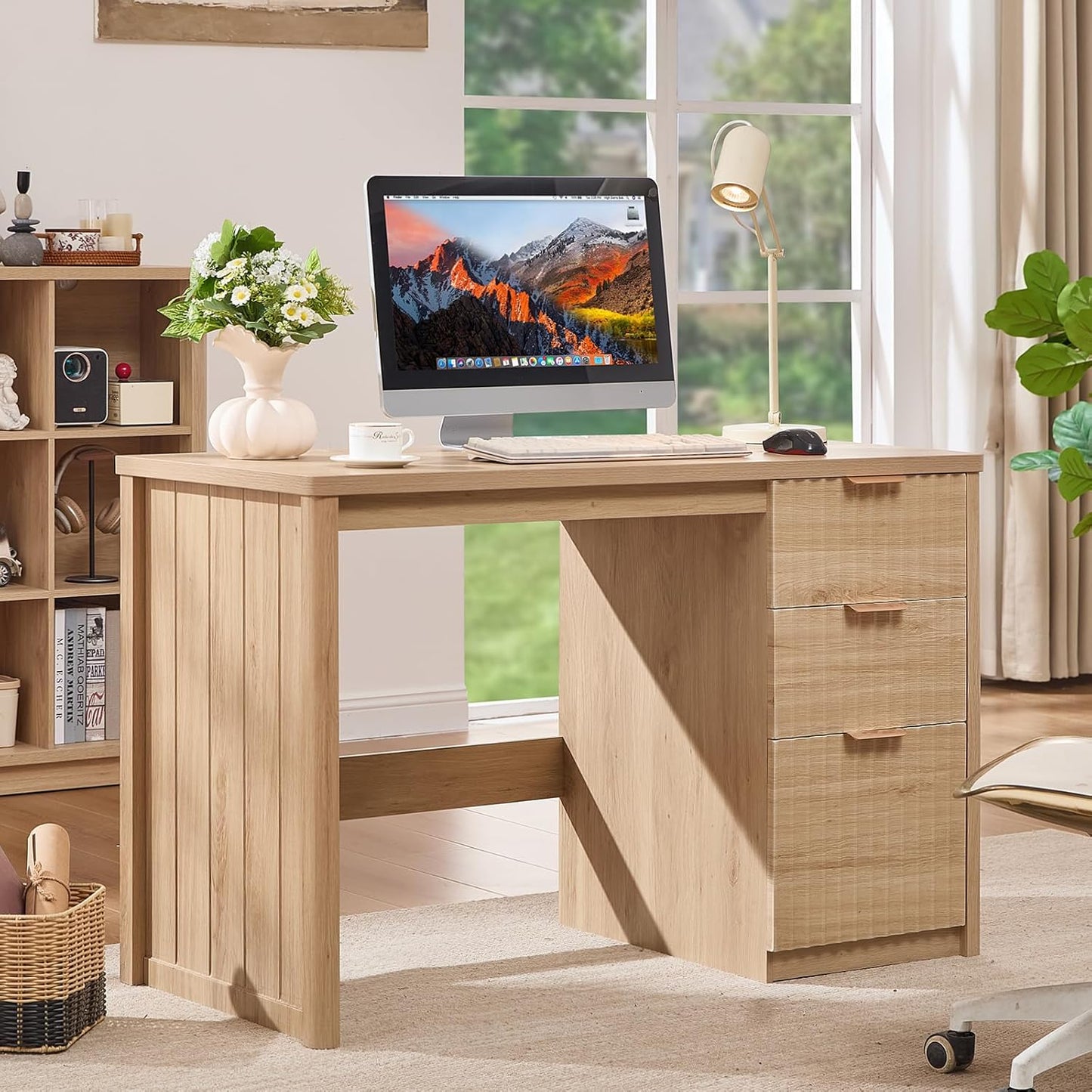 Natural wood executive desk with fluted cabinet drawers and open center leg space