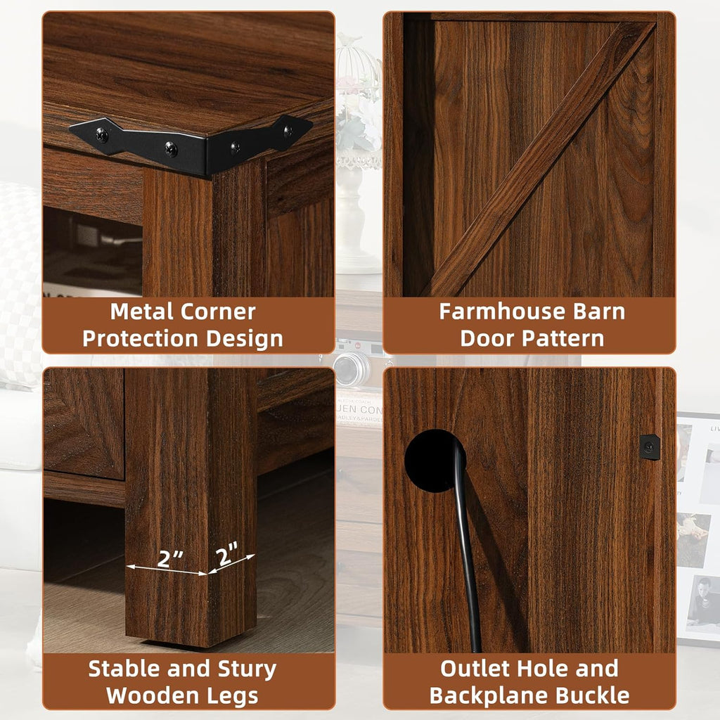 Brown nightstand corner protection and farmhouse door pattern with outlet access