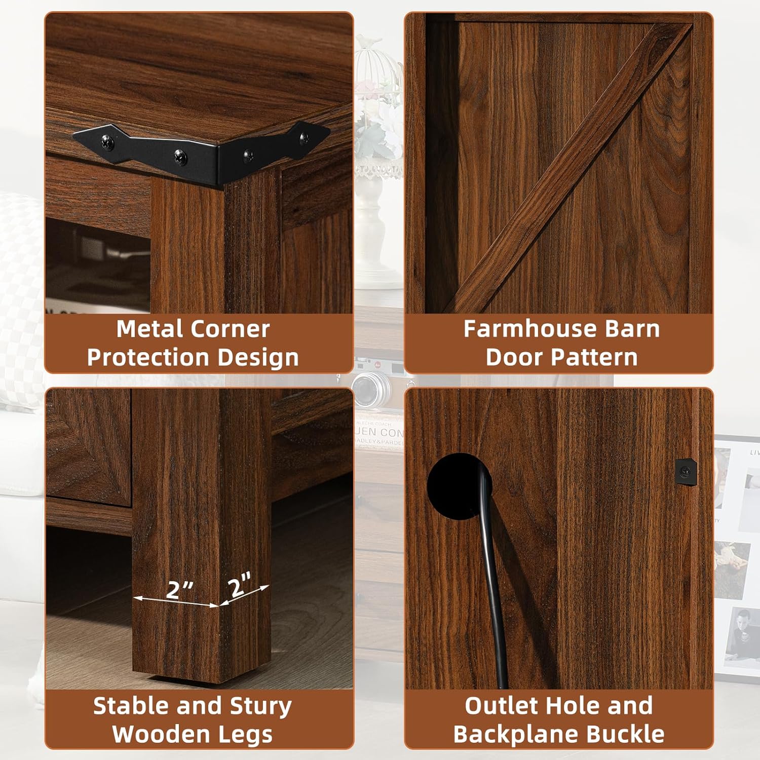 Brown nightstand corner protection and farmhouse door pattern with outlet access