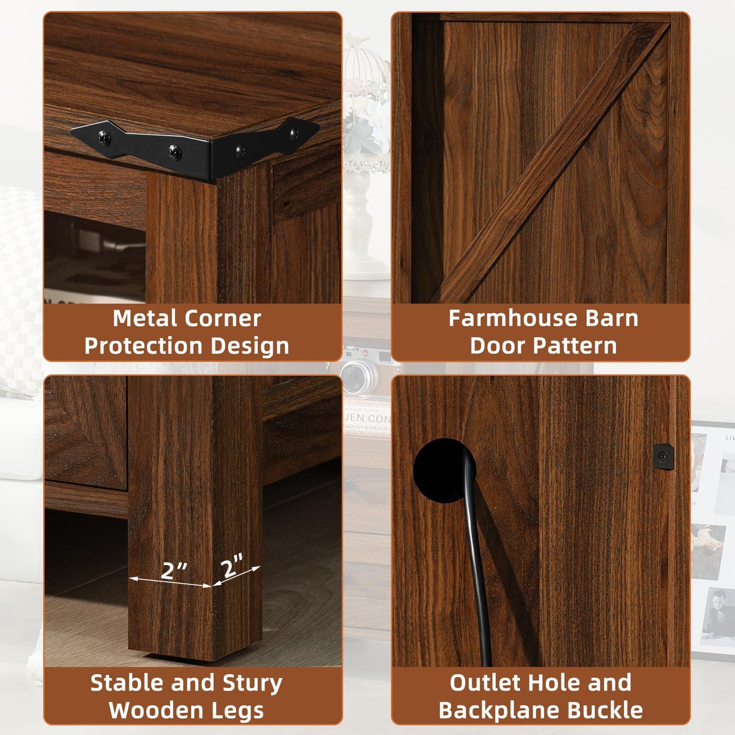 Wood nightstand design with metal corner brackets and barn-style door pattern