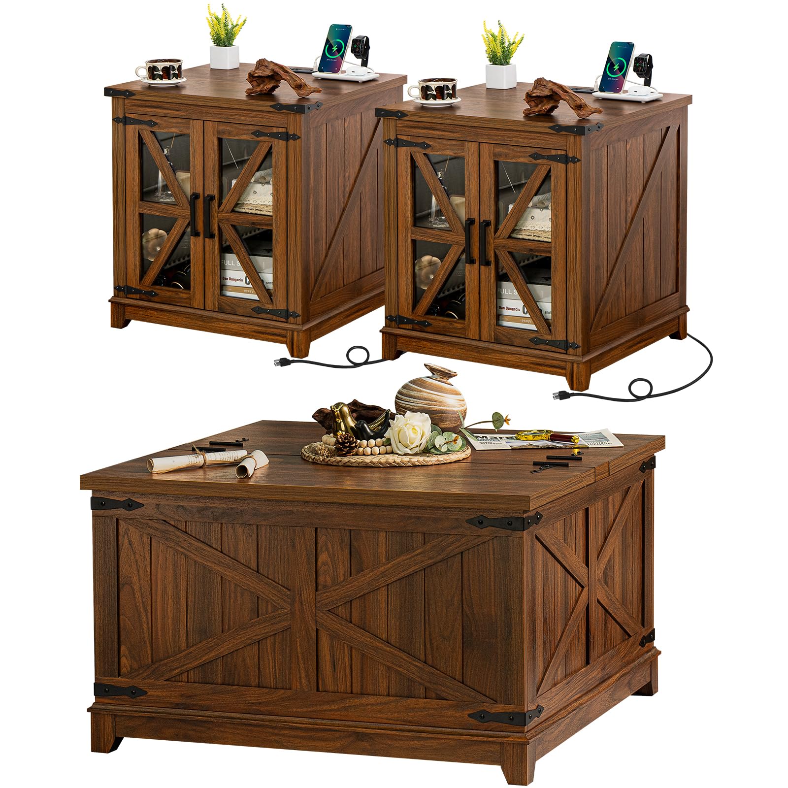 Brown wood 3-piece coffee table set with flip-up storage top and charging cables.