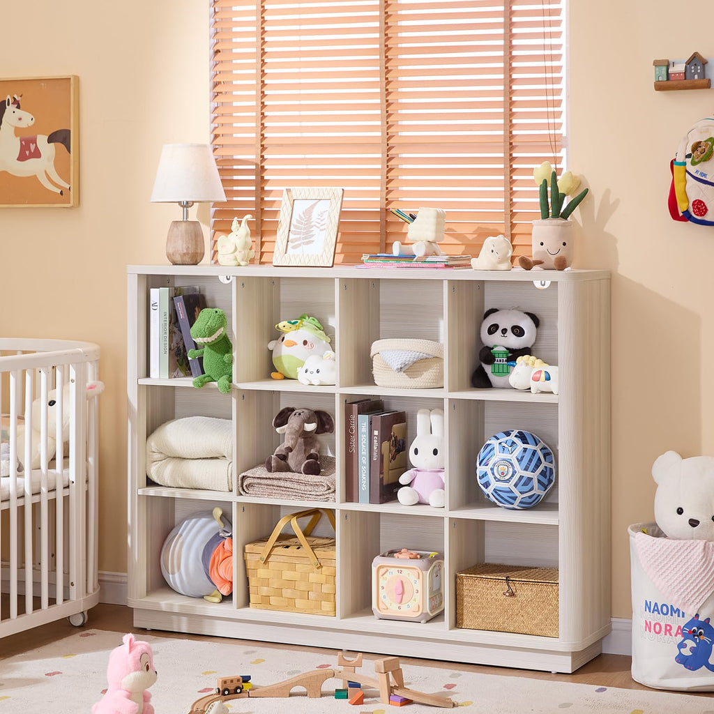 Light wood horizontal cube storage book shelf with open cubbies for organizing items
