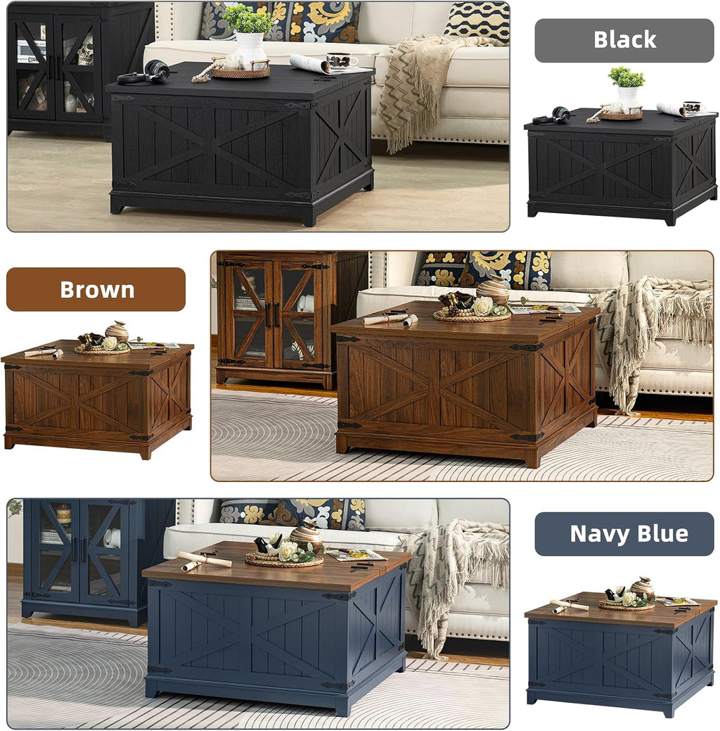 Farmhouse coffee table with flip-top lid shown in brown, black, and navy blue