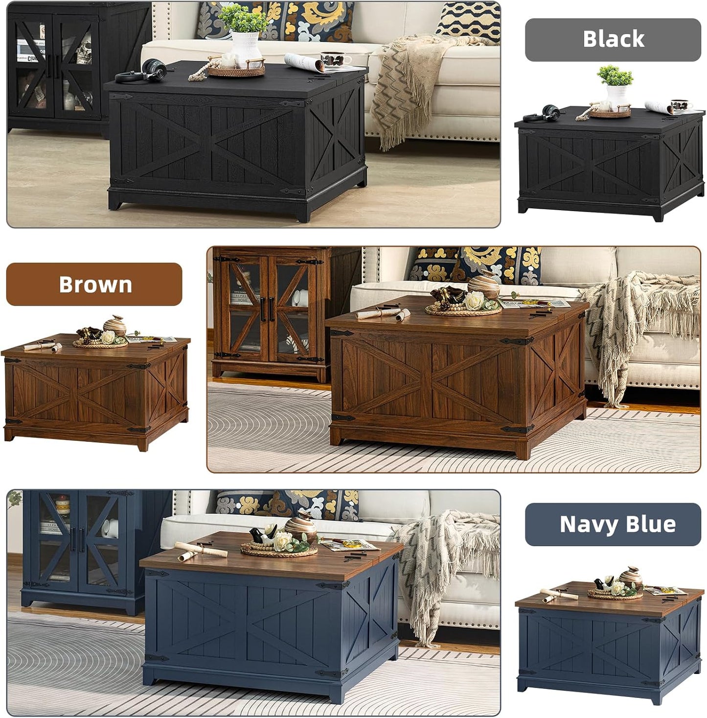 Farmhouse coffee table with flip-top lid shown in brown, black, and navy blue