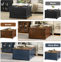 Farmhouse coffee table with flip-top lid shown in brown, black, and navy blue