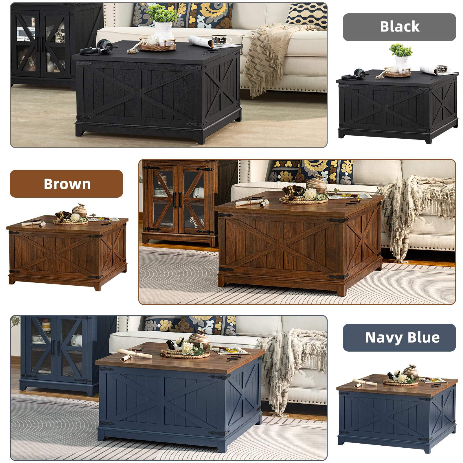 Square coffee table with hinged lift top, dark navy blue finish and storage base