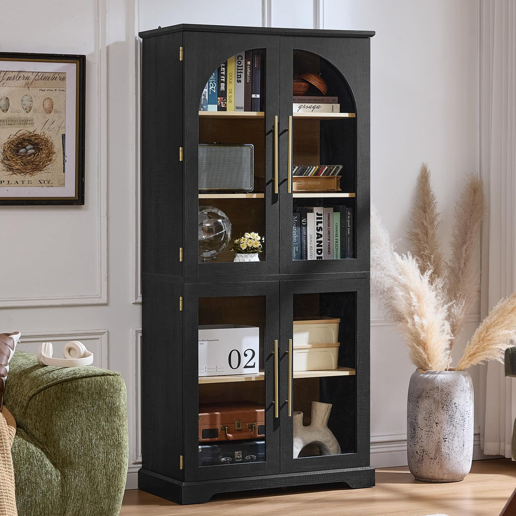 Black tall bookshelf with curved glass cabinet doors and four open storage shelves
