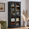 Black tall bookshelf with curved glass cabinet doors and four open storage shelves