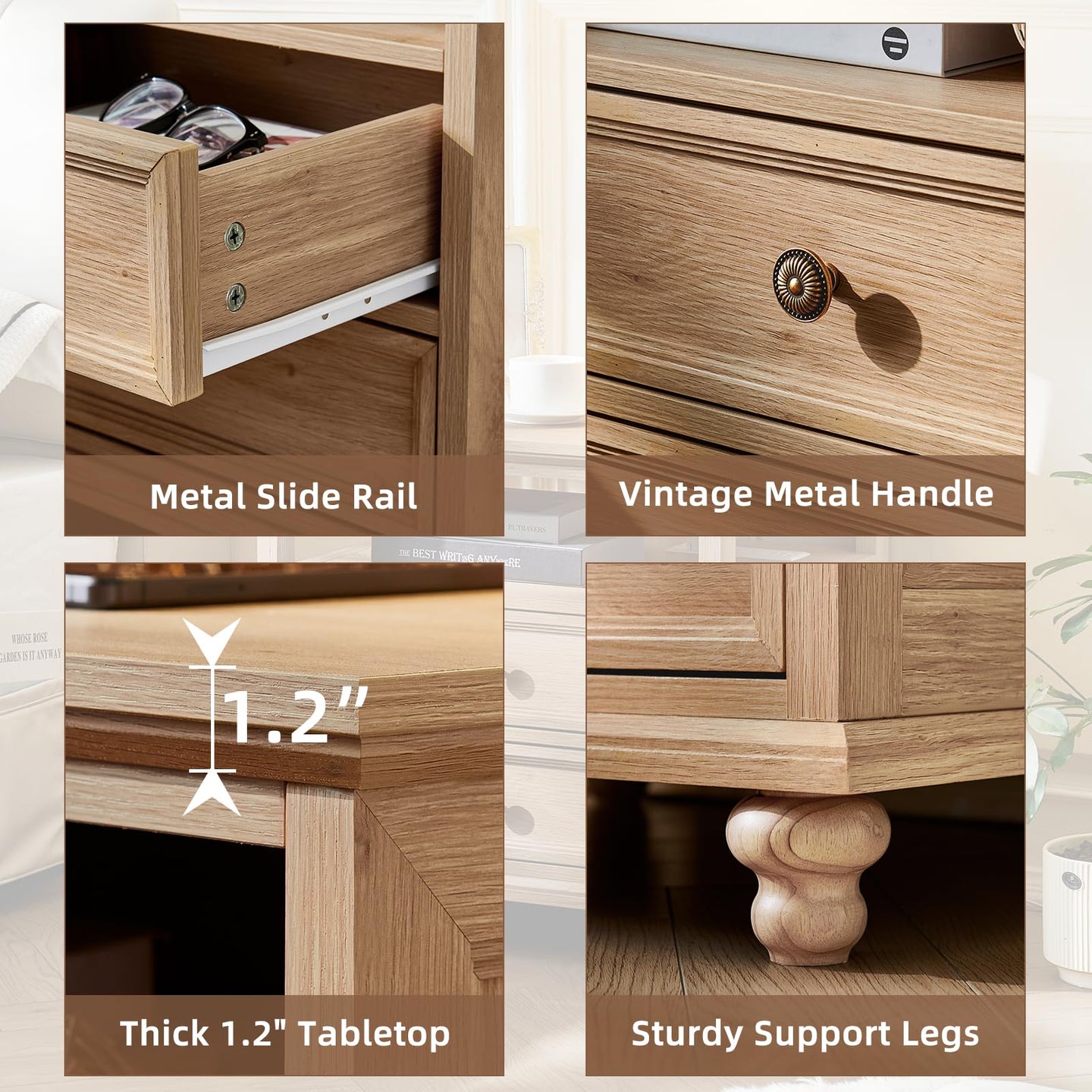 Wood dresser drawer detail with metal slide rail, vintage metal handle, and sturdy legs.