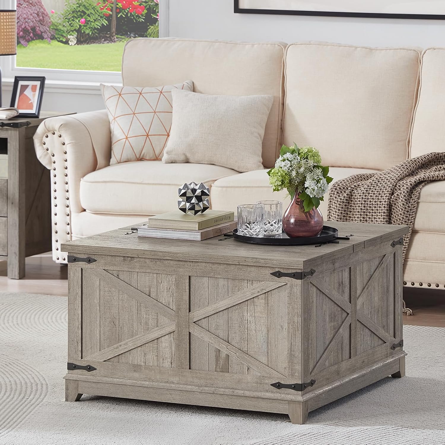 Farmhouse Coffee Table with Large Hidden Storage Compartment, Navy Blue Square Center Table, Wood Rustic Low Modern Living Room Tables with Hinged Lift Brown Top & Wooden Arc Base