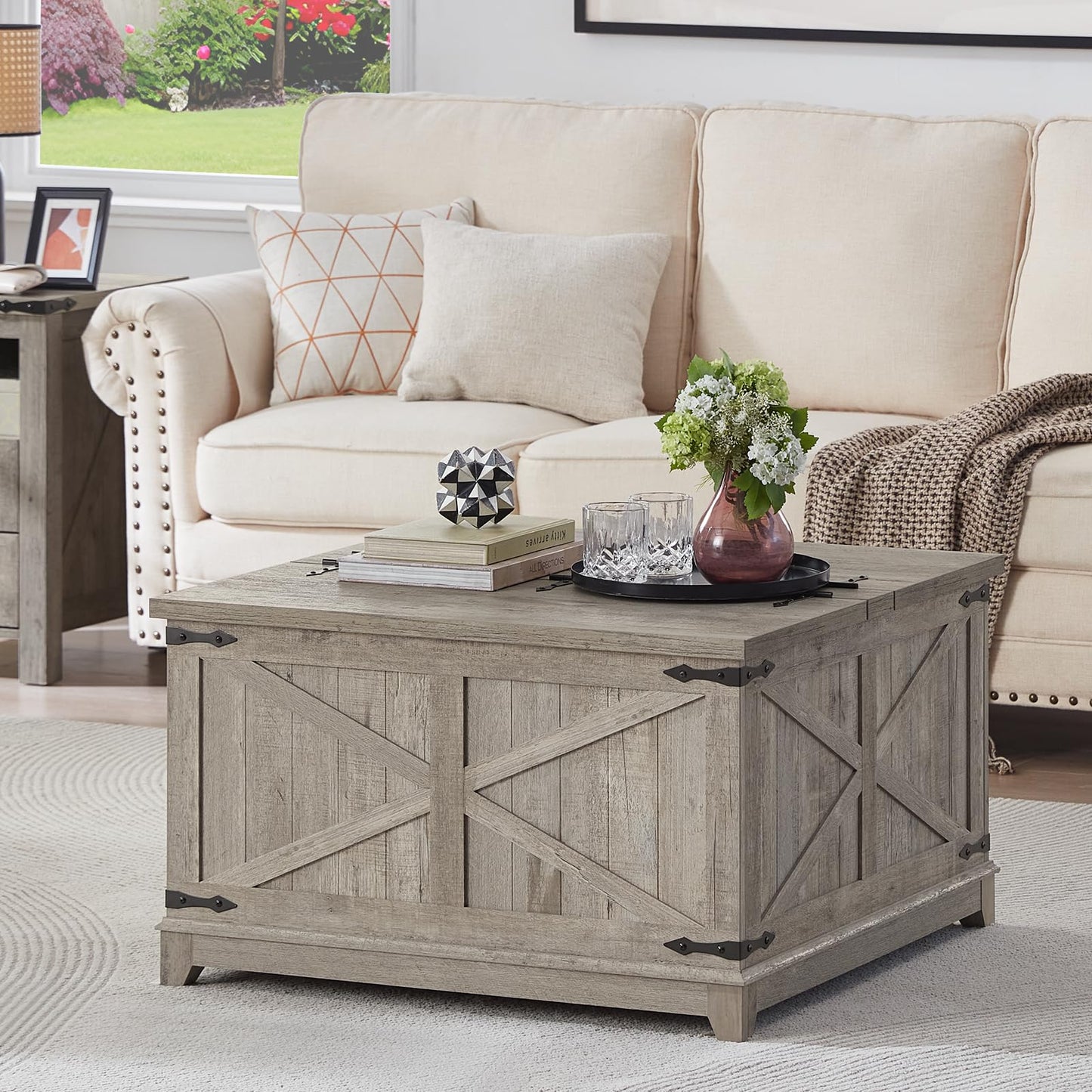 Weathered gray farmhouse coffee table with flip-top lid and hidden storage