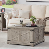 Weathered gray farmhouse coffee table with flip-top lid and hidden storage