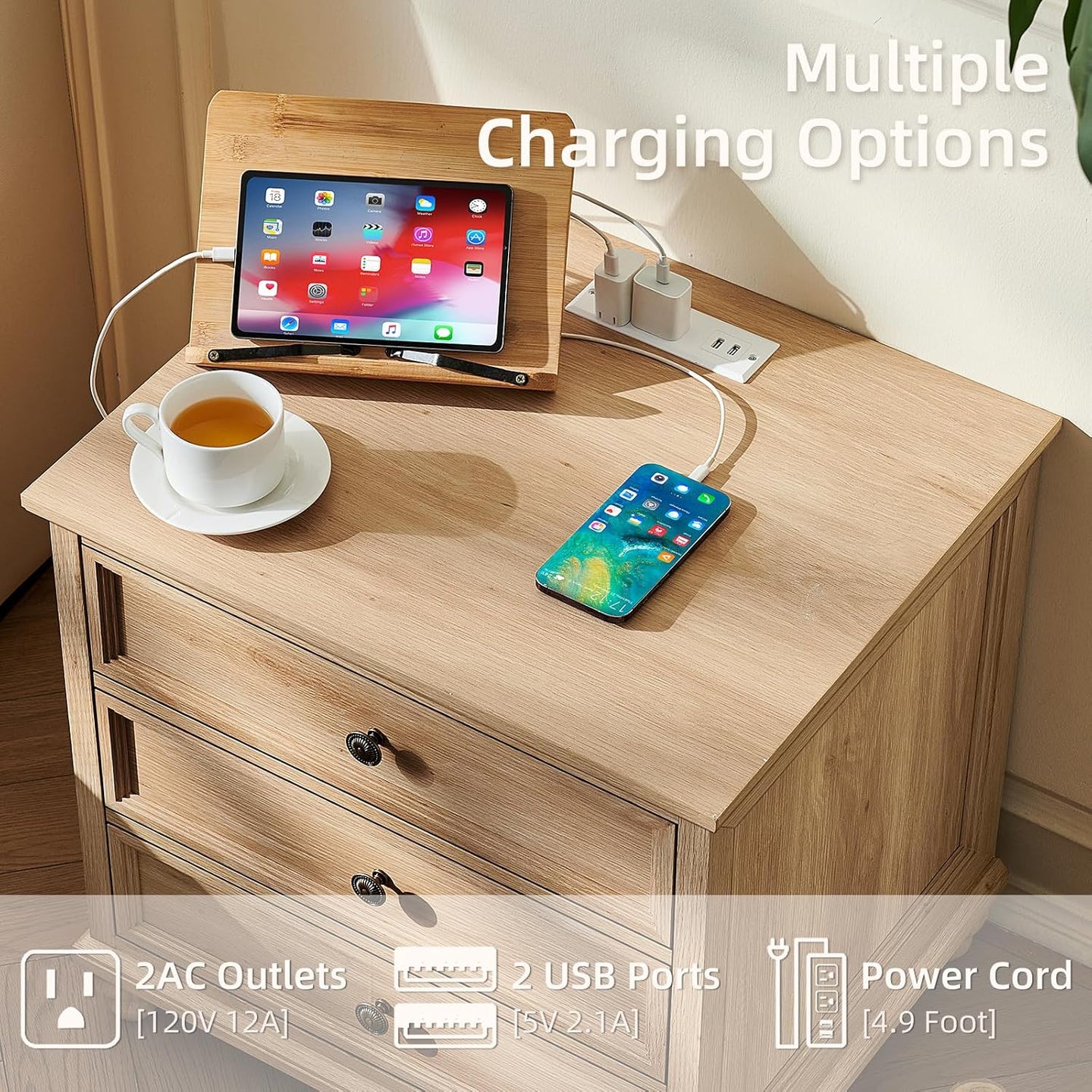 Farmhouse nightstand top charging station with outlets, USB ports, and power cord.