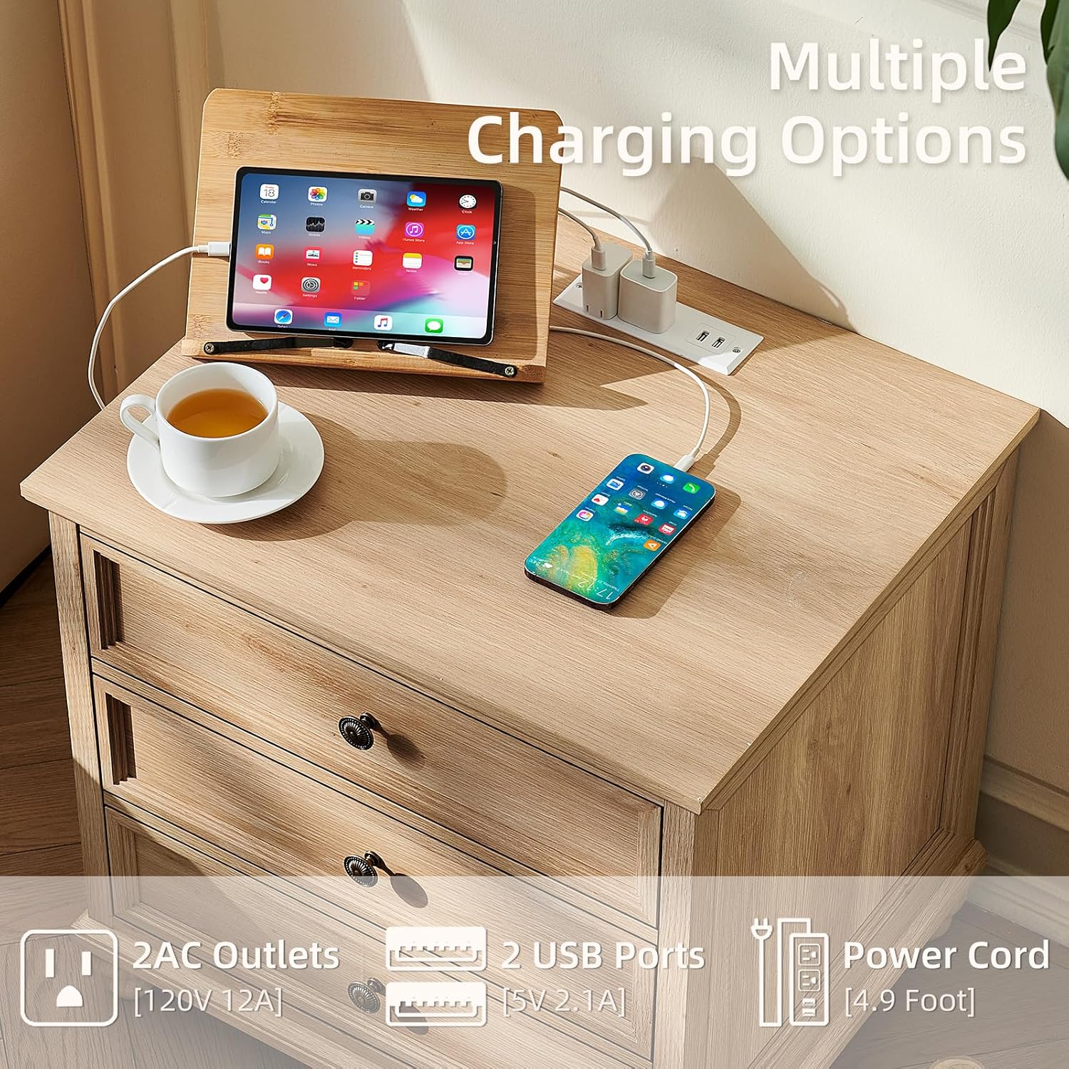 Farmhouse nightstand top charging station with outlets, USB ports, and power cord.