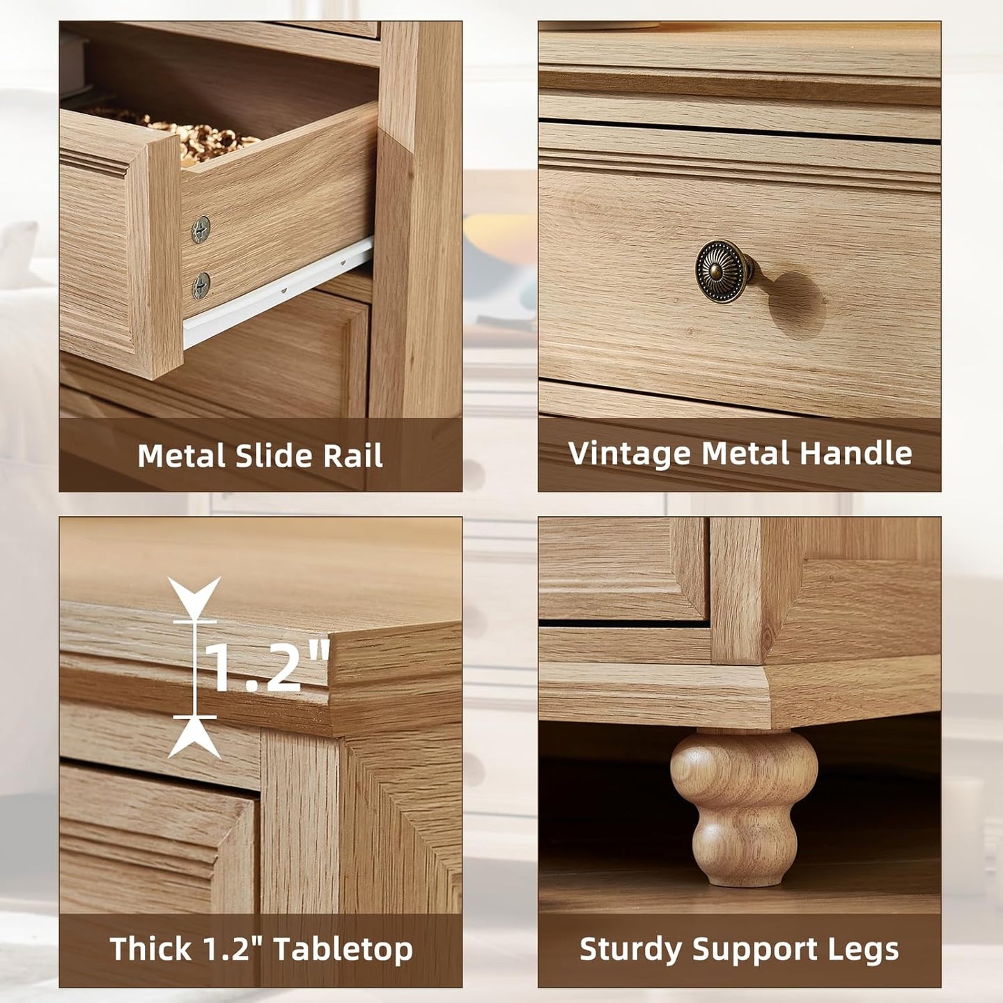 Farmhouse nightstand close-up: metal slide rails, vintage handle, thick tabletop, support legs.