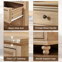 Farmhouse nightstand close-up: metal slide rails, vintage handle, thick tabletop, support legs.