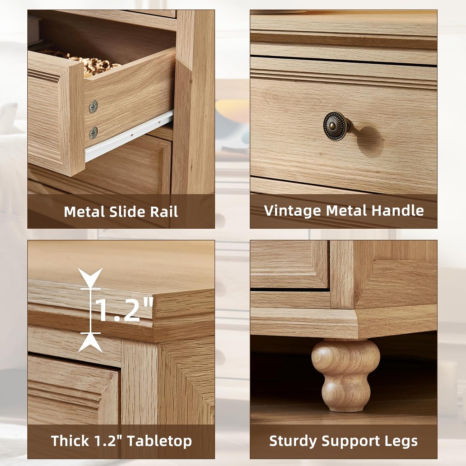 Farmhouse nightstand close-up: metal slide rails, vintage handle, thick tabletop, support legs.