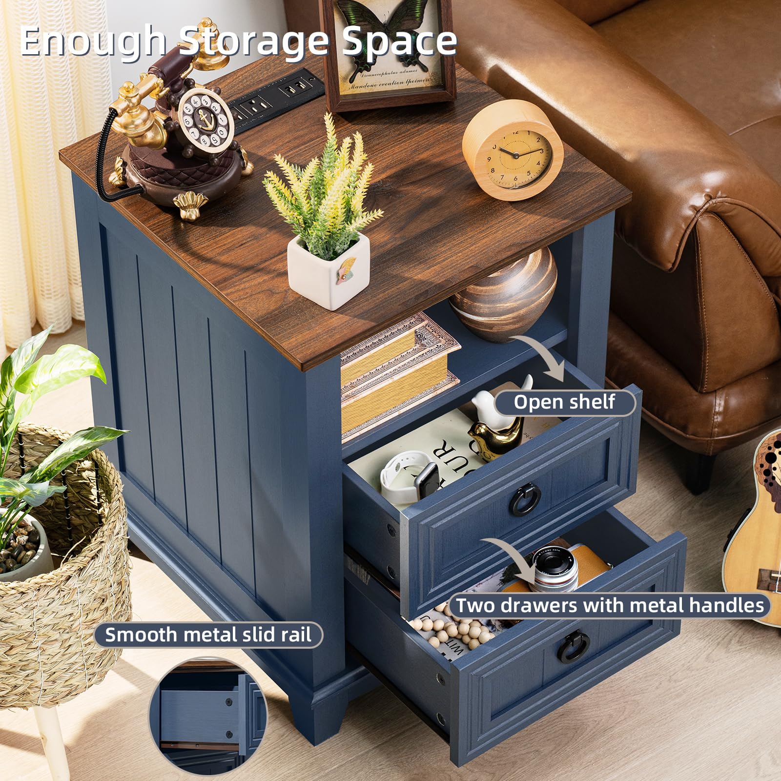 Blue farmhouse coffee table with open drawers and side shelf for storage items