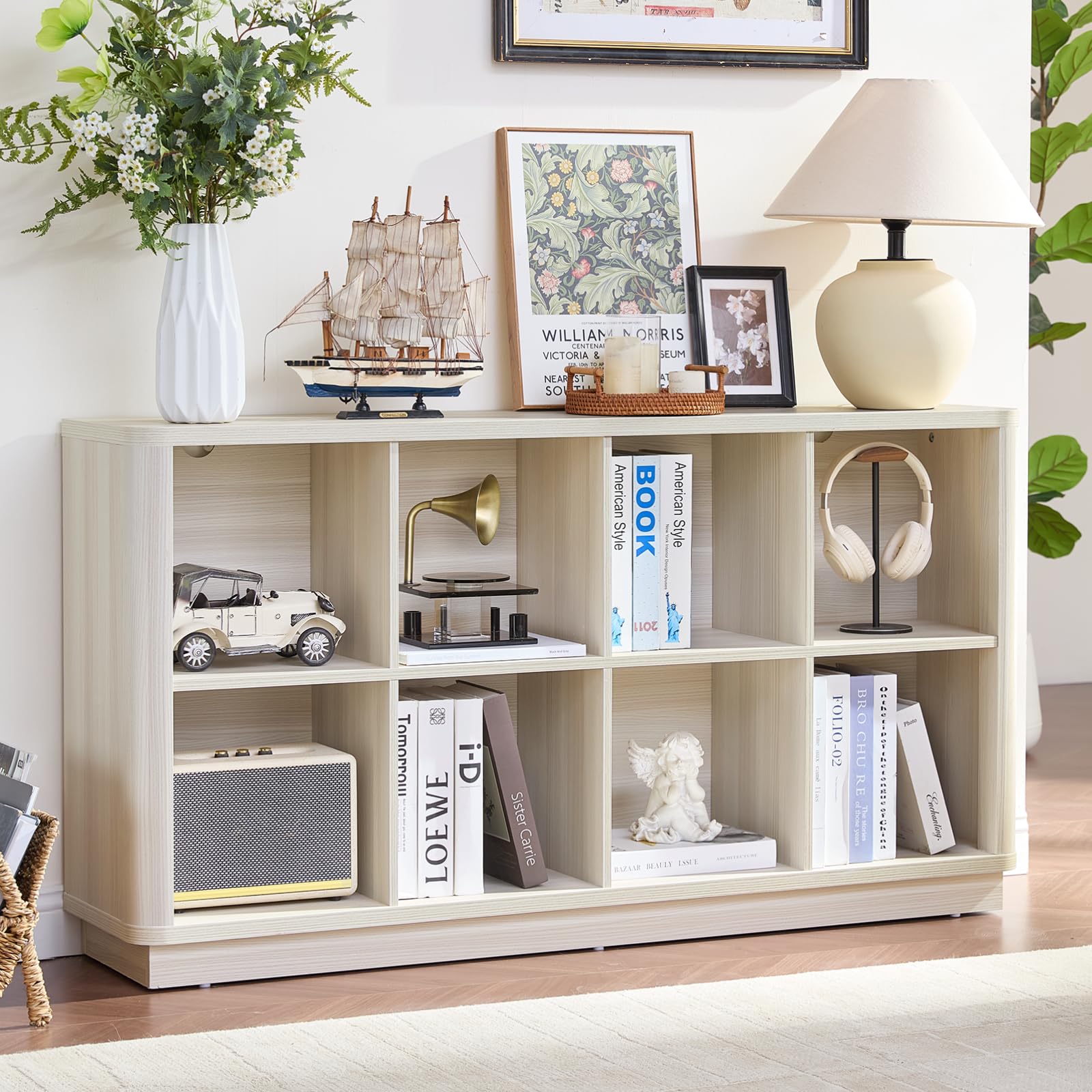 8 Cube Storage Book Shelf, 52" Long Horizontal Bookshelf with Curved Edge, Floor Standing Wooden Cubby Bookcase with Base, Modern Low Console Book Case, TV Stand for Living Room, Natural Oak