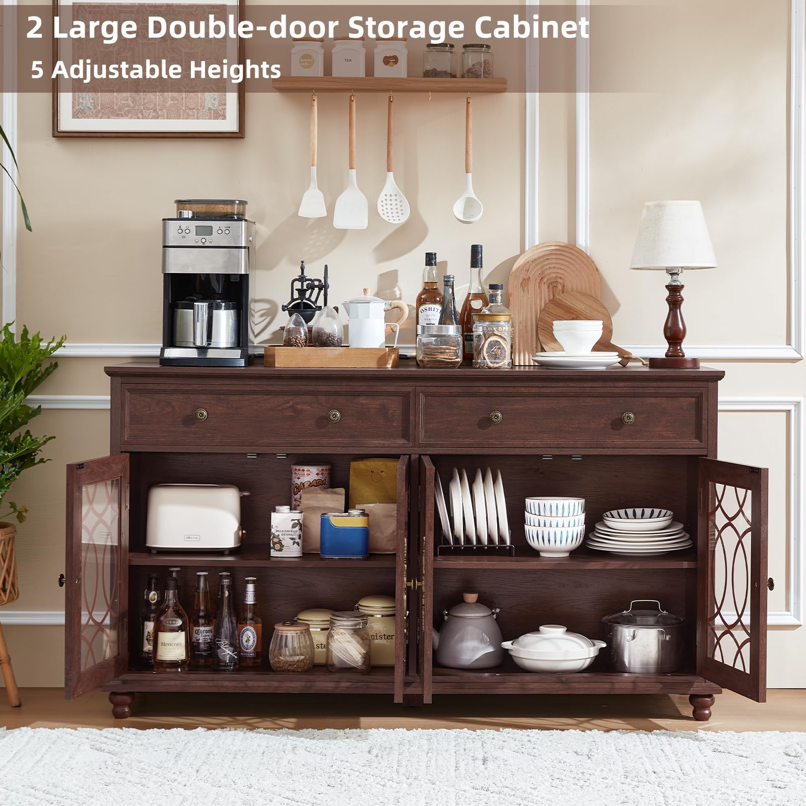 Farmhouse sideboard buffet cabinet in dark brown wood with open shelves and glass doors