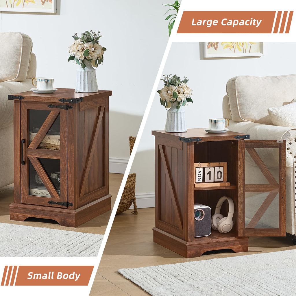Brown lift-top coffee table with hidden storage and side cabinet doors