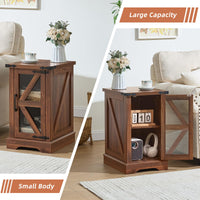 Brown lift-top coffee table with hidden storage and side cabinet doors
