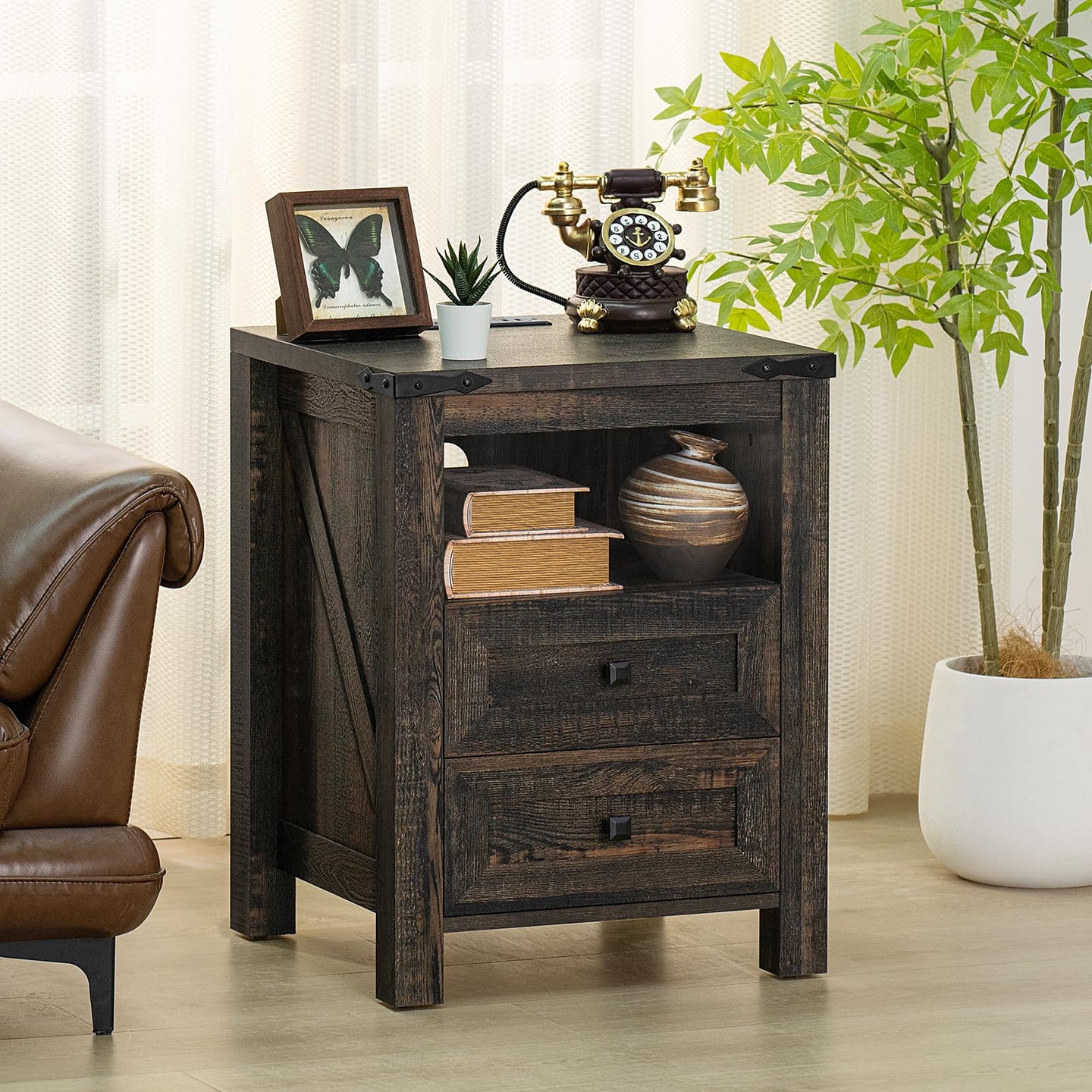 Dark wood nightstand with open shelf and 2 drawers, farmhouse bedside cabinet