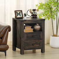 Dark wood nightstand with open shelf and 2 drawers, farmhouse bedside cabinet