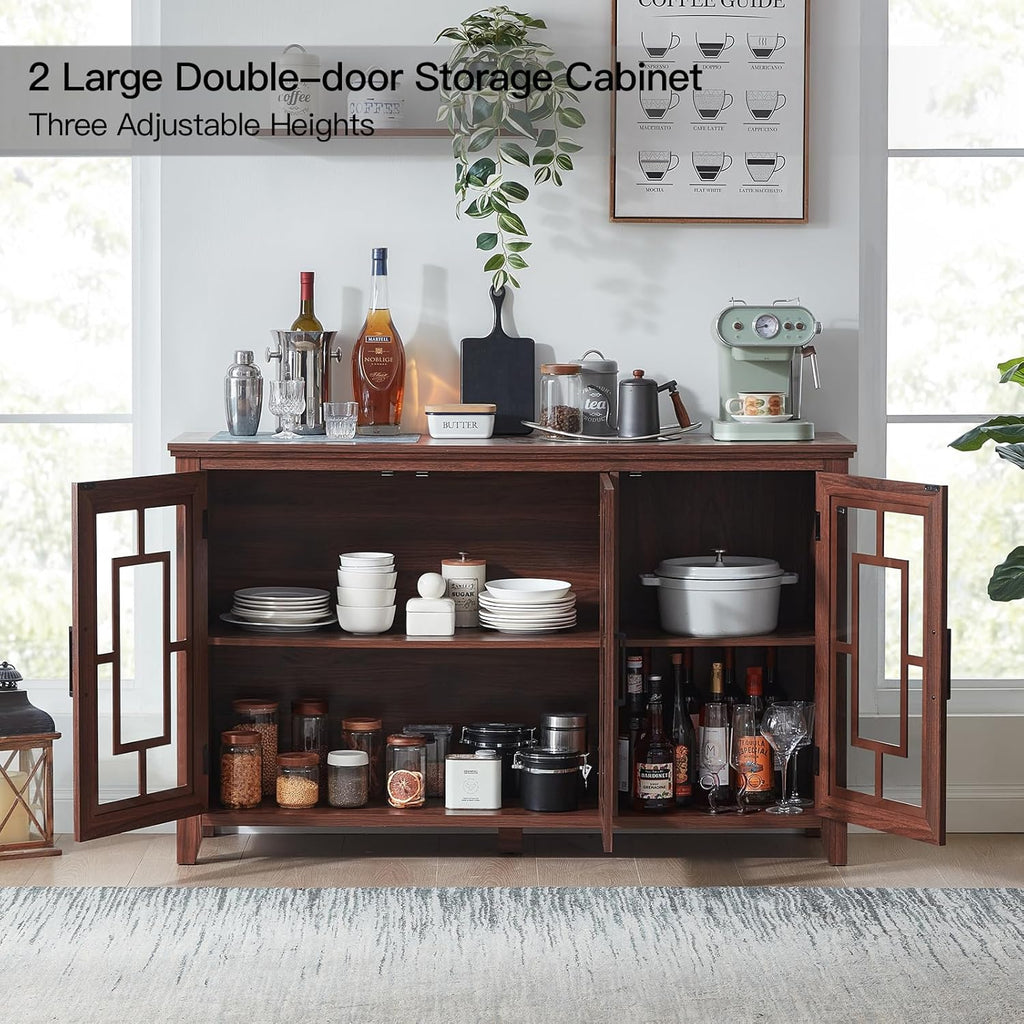 Brown storage sideboard cabinet with open shelves and two swing doors with glass inserts