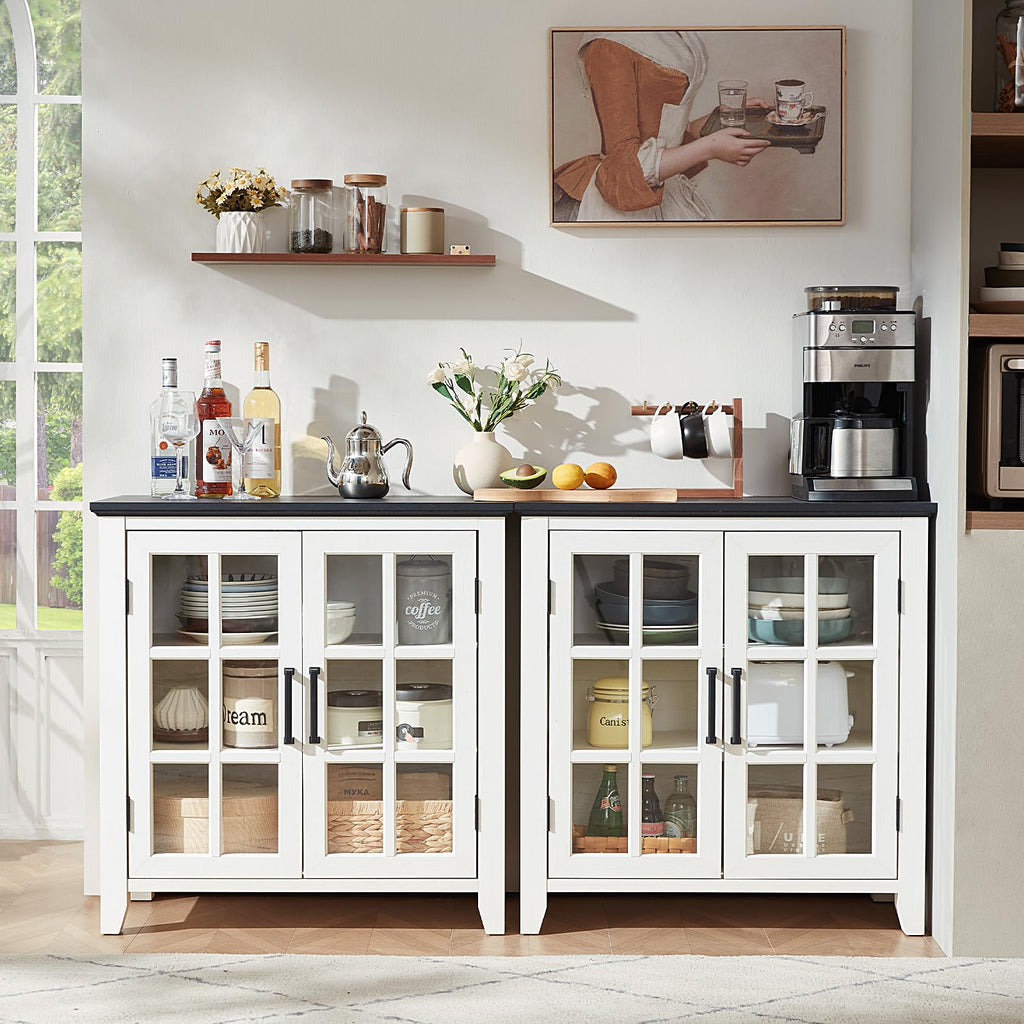 White sideboard cabinet with two glass-door compartments and central open storage