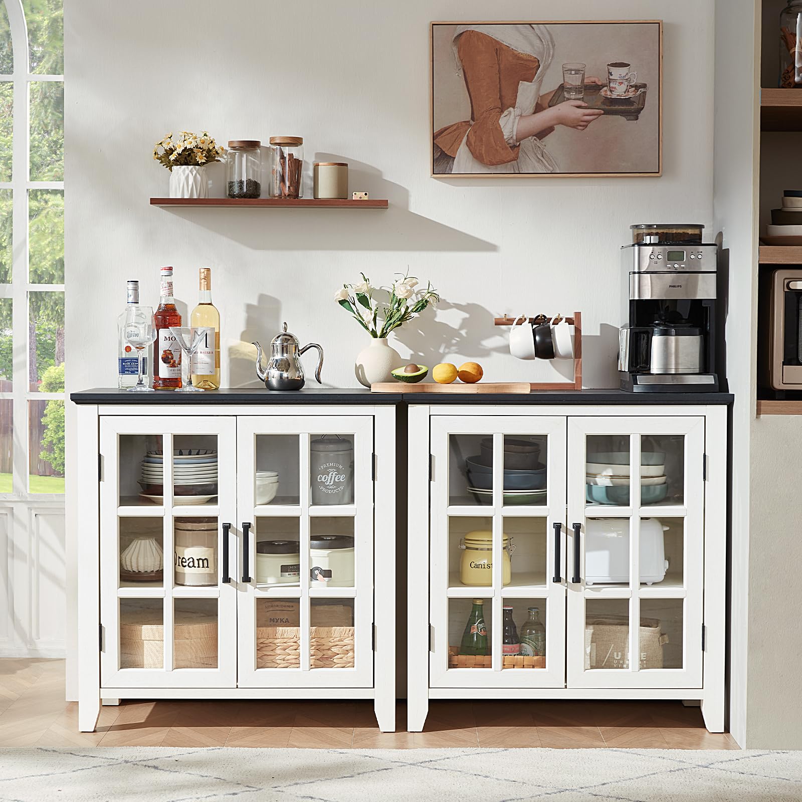 White sideboard cabinet with two glass-door compartments and central open storage