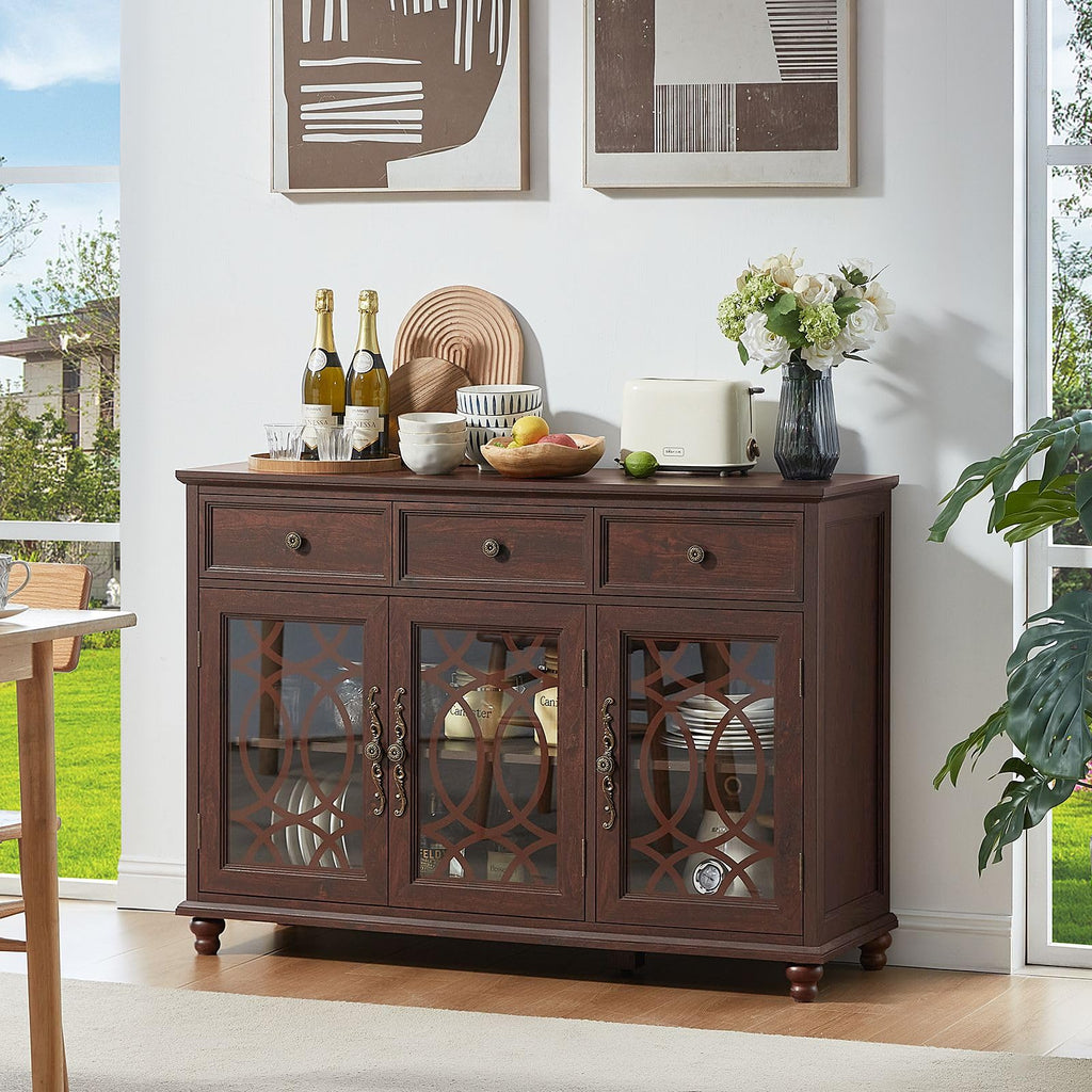 Dark brown sideboard buffet with 3 glass-front doors and 3 top drawers