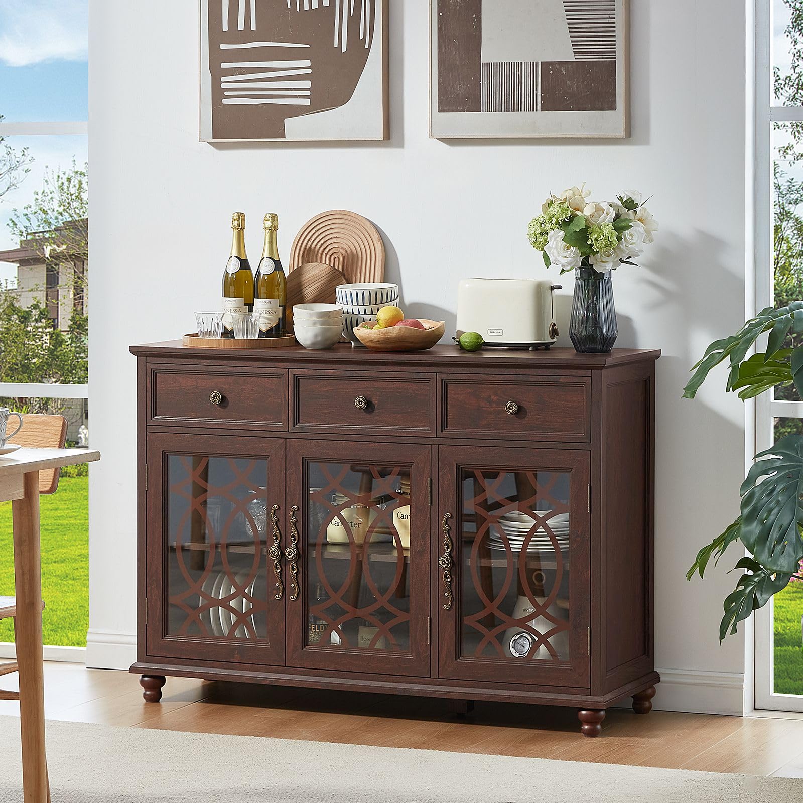 Dark brown sideboard buffet with 3 glass-front doors and 3 top drawers
