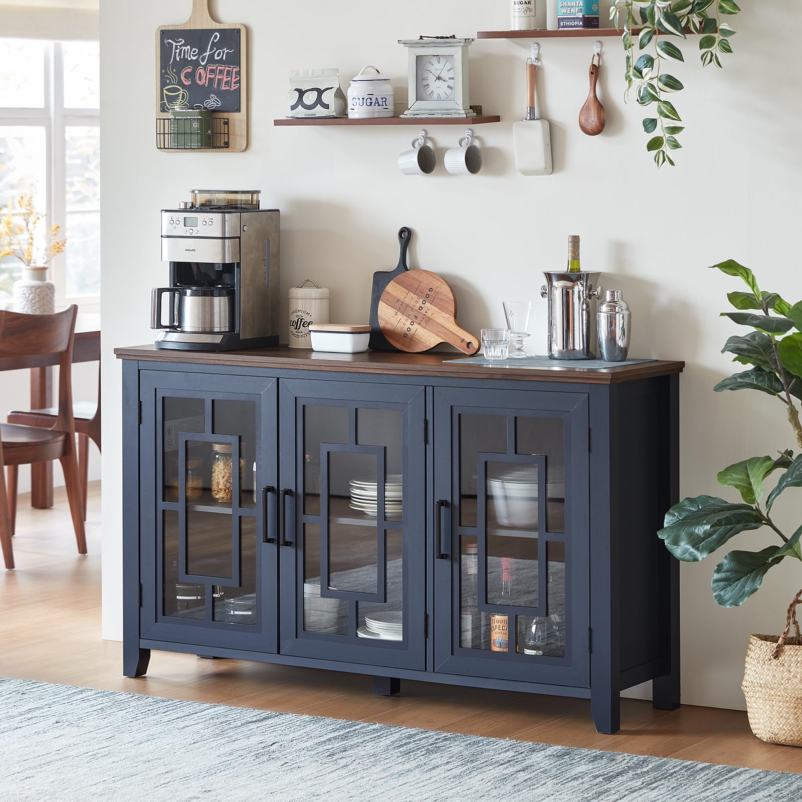 Farmhouse sideboard cabinet with four glass doors, blue finish, and enclosed cabinet storage