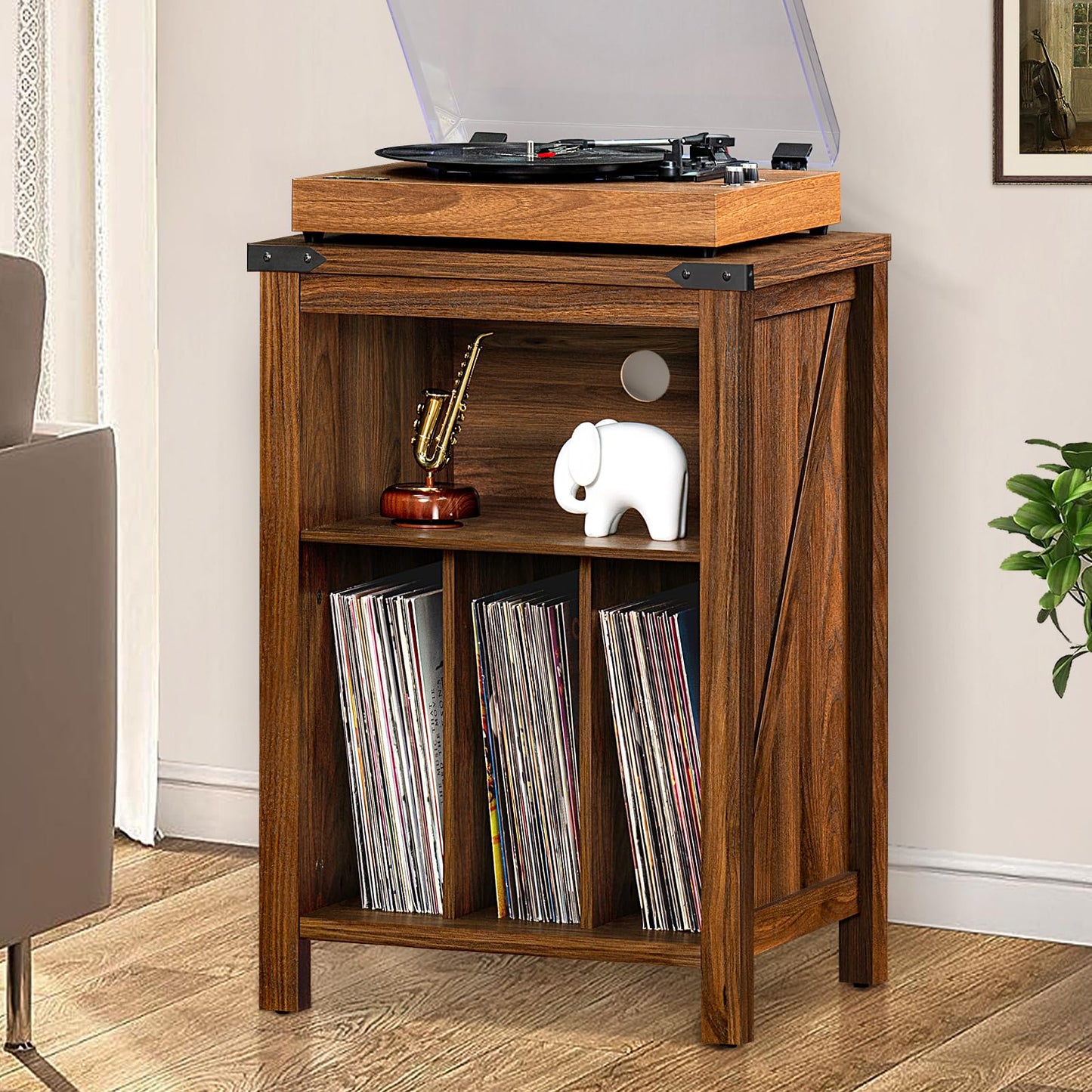 Record player stand with dark blue cabinet and open shelving for vinyl records