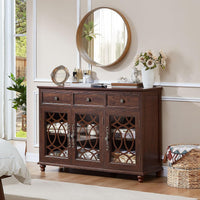 Dark wood sideboard cabinet with three drawers and arched glass door panels