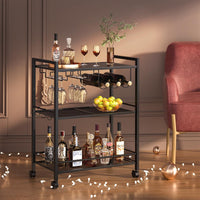 Black bar cart with 3-tier shelving, wine rack, glass holder, and rolling wheels