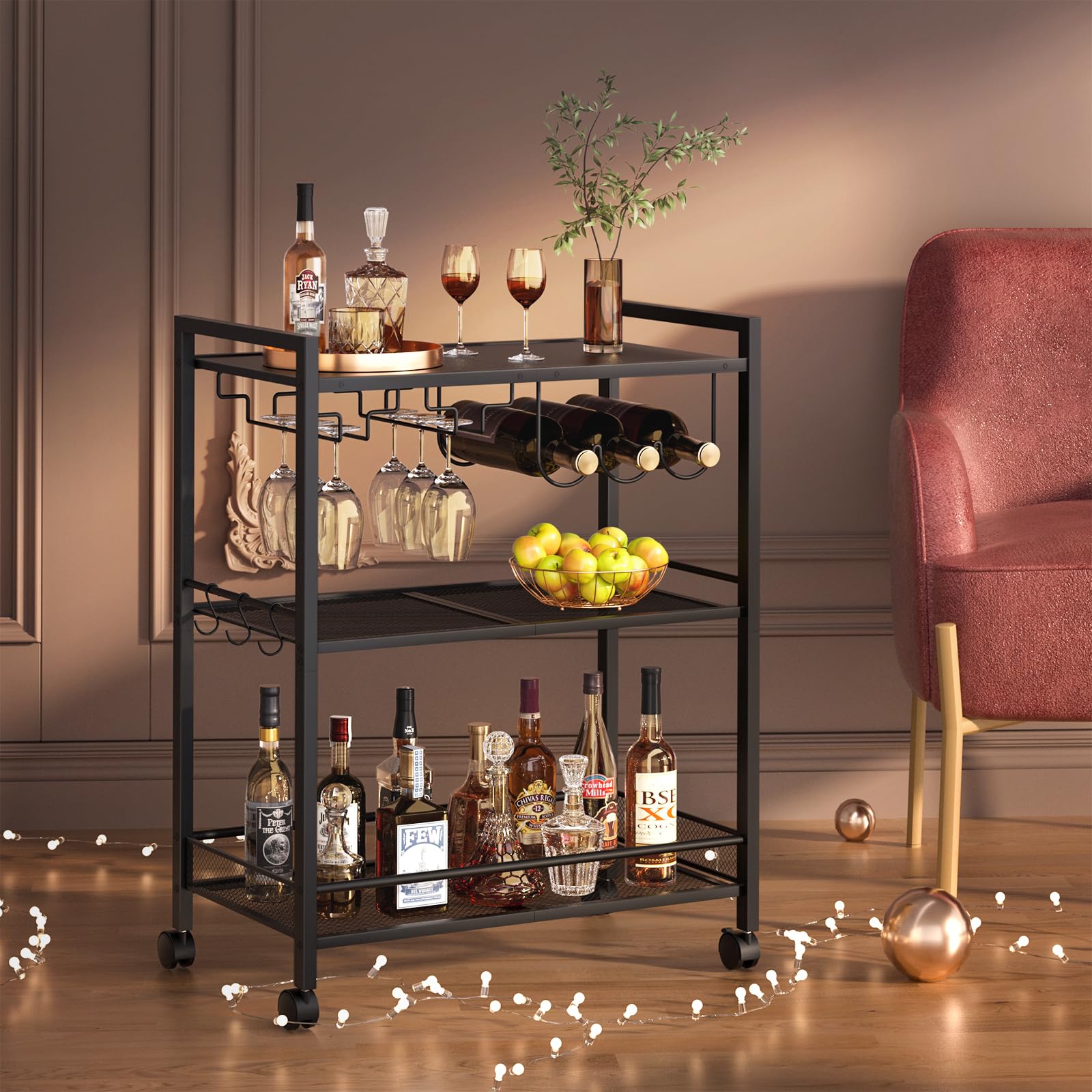 Bar Cart, Home Bar Serving Cart with 3-Tier Shelf,Microwave Cart with Lockable Wheels,Mobile Kitchen Shelf,Rolling Beverage Cart with Wine Rack and Glass Holder for Kitchen,Dinning Room,Gold