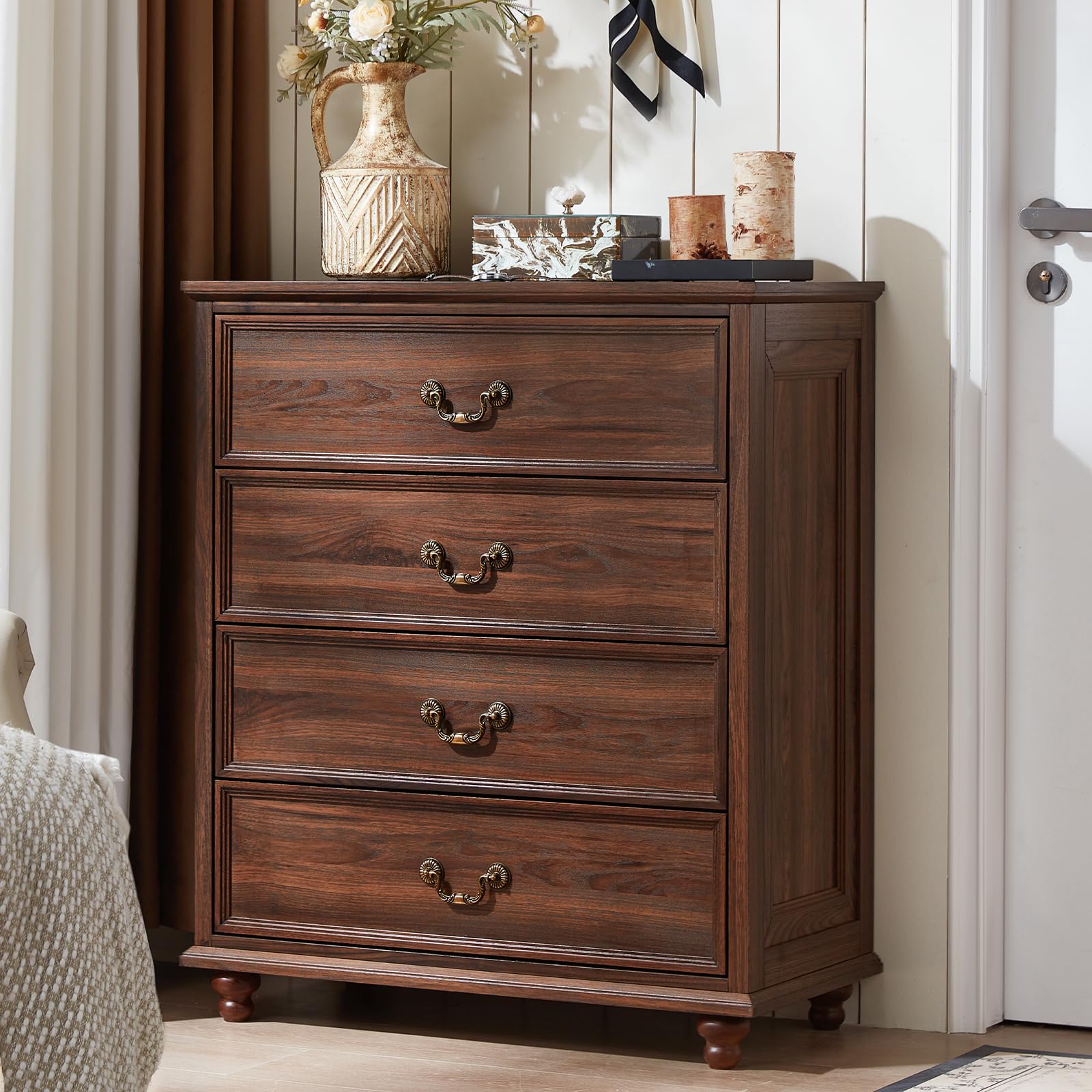 Farmhouse 5 Drawer Dresser for Bedroom, 45" Tall Rustic Chests of Drawers w/ 4 Solid Wood Feet, Mid Century Modern Wooden Closet Storage Dressers Organizer for Living Room, Hallway, Navy Blue