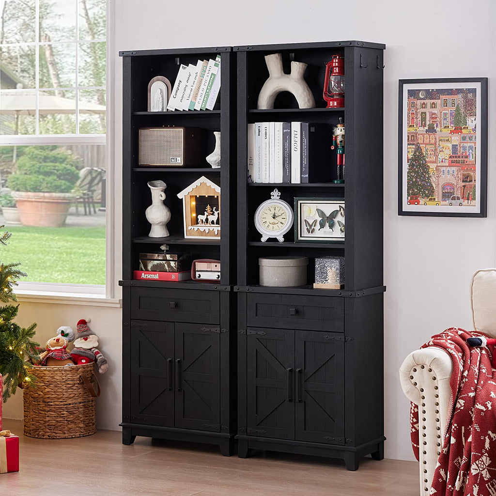 Black tall bookcase with cabinet doors, open shelves, and lower storage drawers