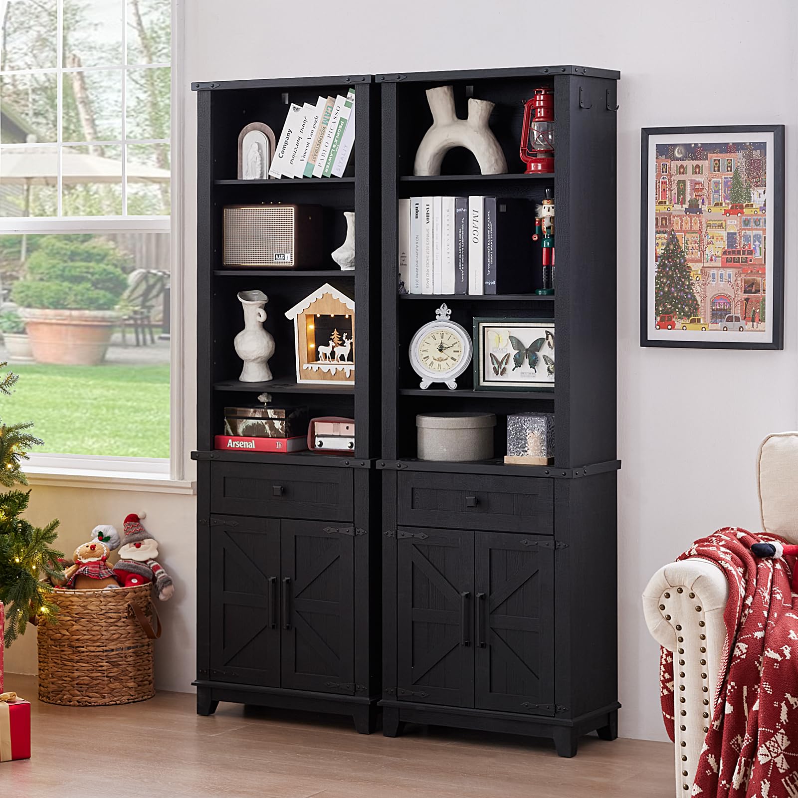 Black tall bookcase with cabinet doors, open shelves, and lower storage drawers