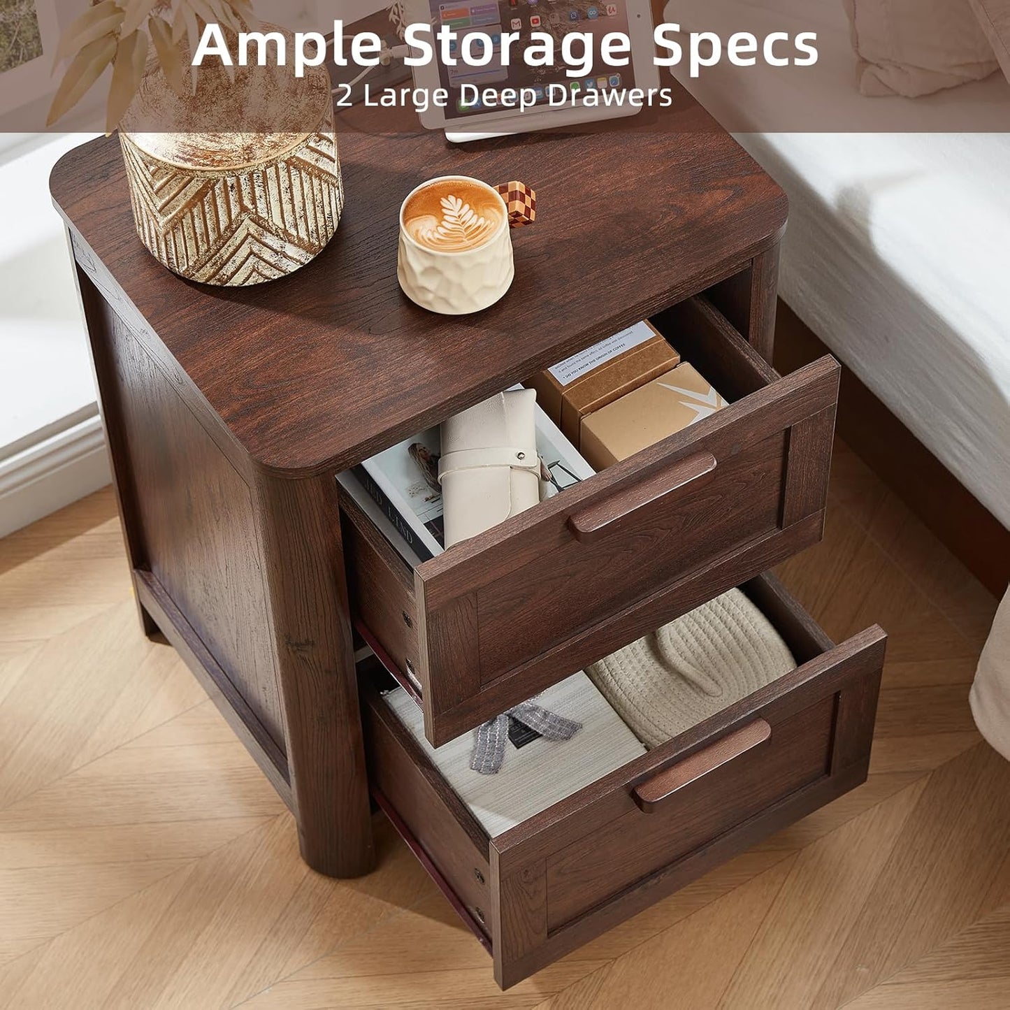 Walnut nightstand with two open drawers showing inner storage compartments